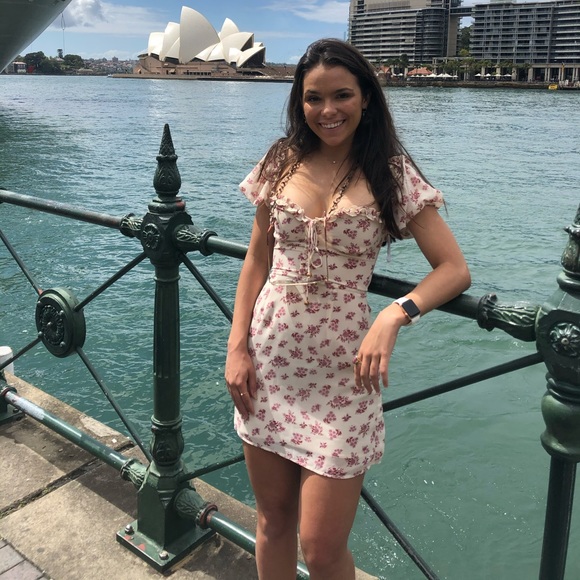 Cream and cranberry floral sabo skirt dress - Picture 2 of 4